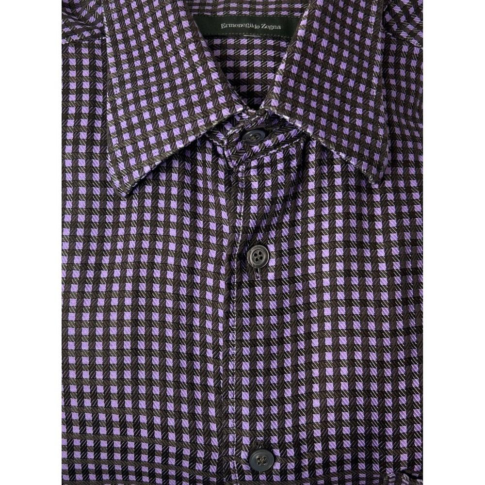 Ermenegildo Zegna Men's L Long Sleeve Button Up Purple Brown Gingham - Picture 3 of 16